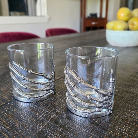 Skeleton Hand Double Old Fashioned Glass Cup Halloween Spooky 4'H Set Of 2 - Picture 5 of 9